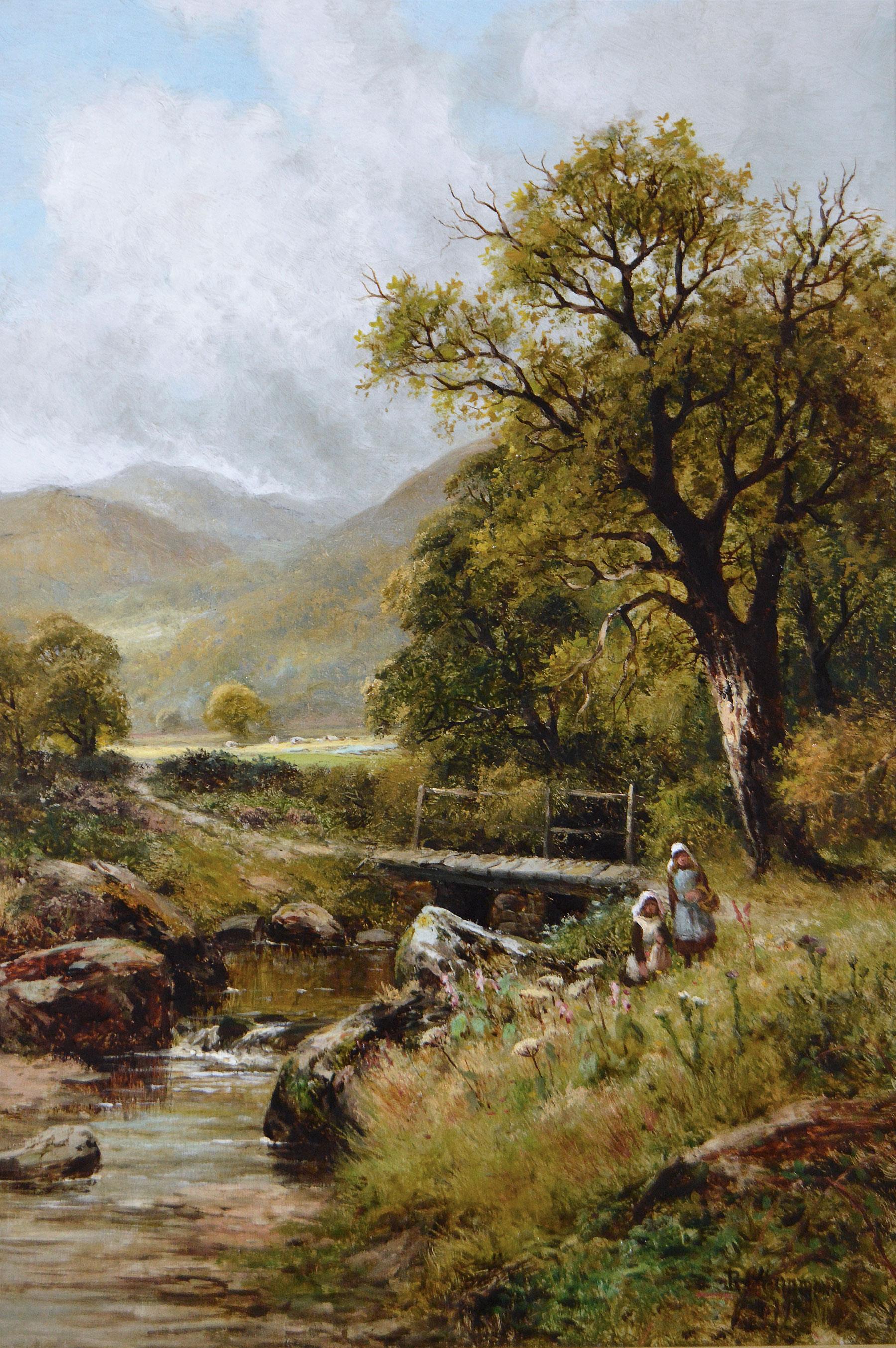 19th Century landscape oil painting of figures picking flowers at a river bank - Painting by Robert John Hammond