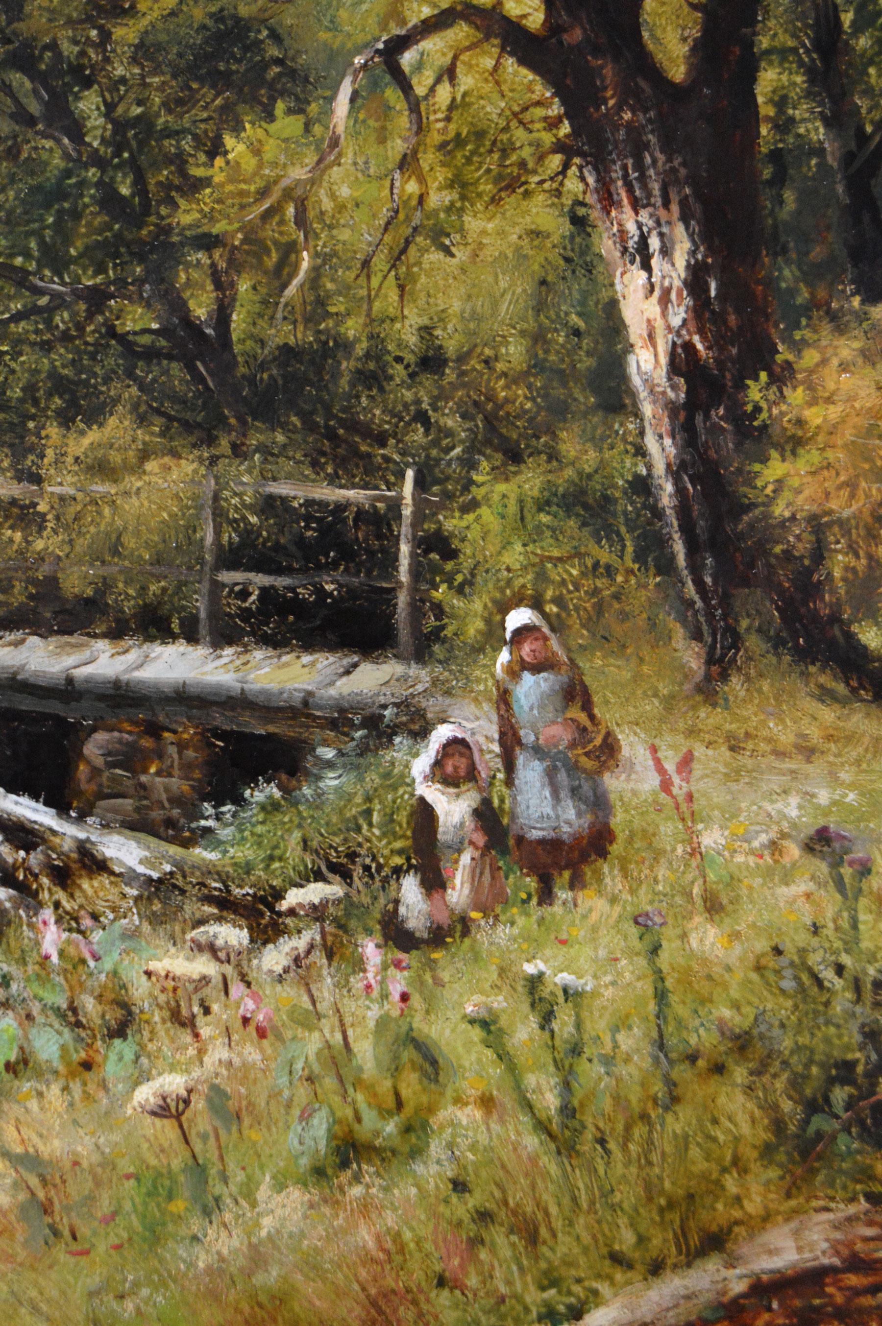Peinture à l'huile de paysage du 19e siècle représentant des personnages cueillant des fleurs au bord d'une rivière - Victorien Painting par Robert John Hammond