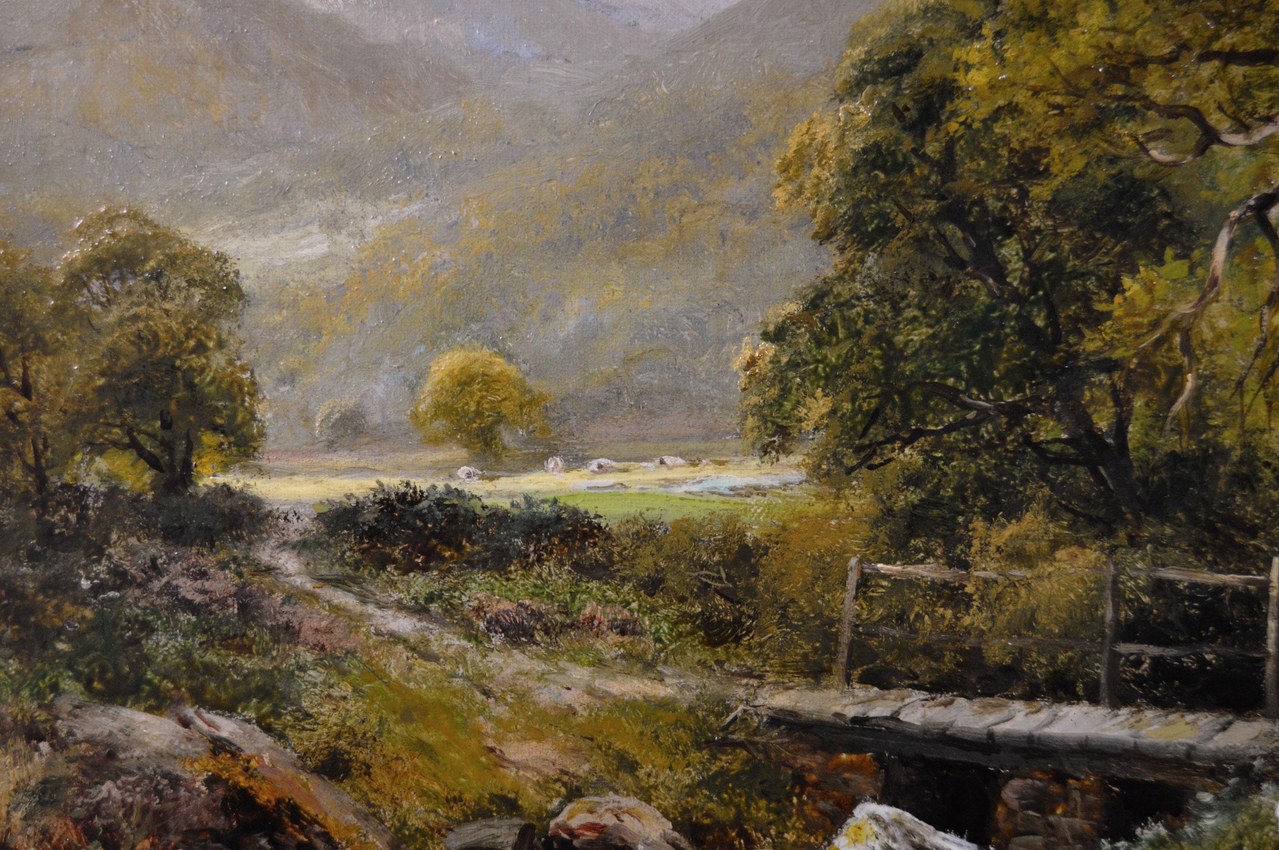 Peinture à l'huile de paysage du 19e siècle représentant des personnages cueillant des fleurs au bord d'une rivière - Marron Landscape Painting par Robert John Hammond