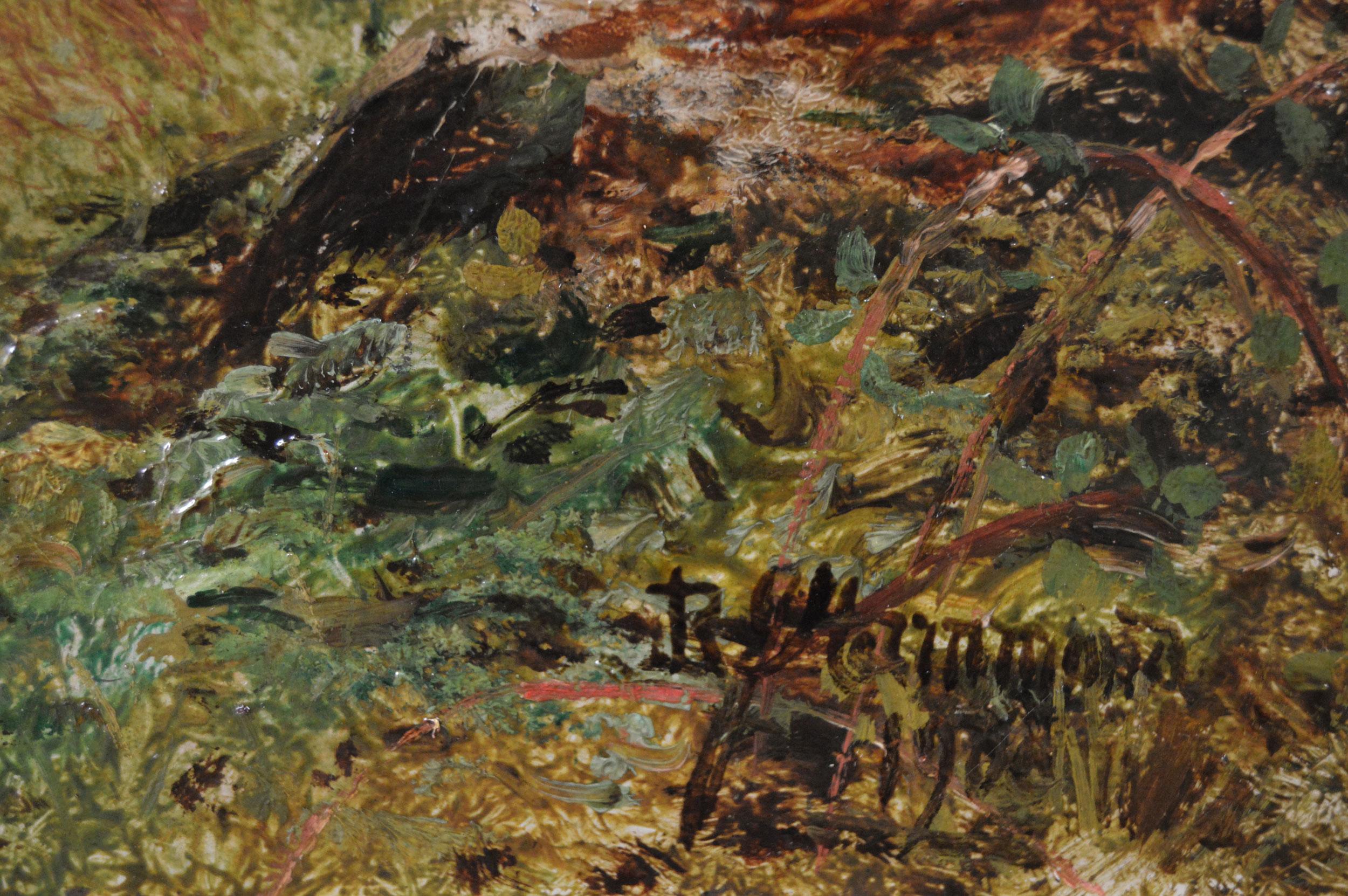 Peinture à l'huile de paysage du 19e siècle représentant des personnages cueillant des fleurs au bord d'une rivière en vente 1