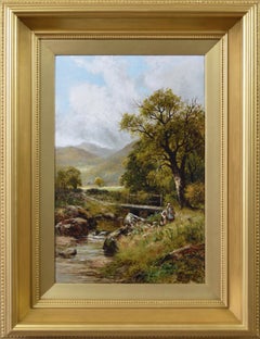 Antique 19th Century landscape oil painting of figures picking flowers at a river bank