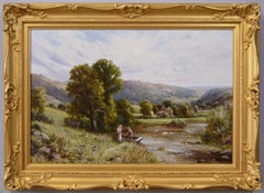Antique 19th Century landscape oil painting of the river Severn