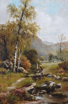 19th Century river landscape oil painting of figures crossing stepping stones