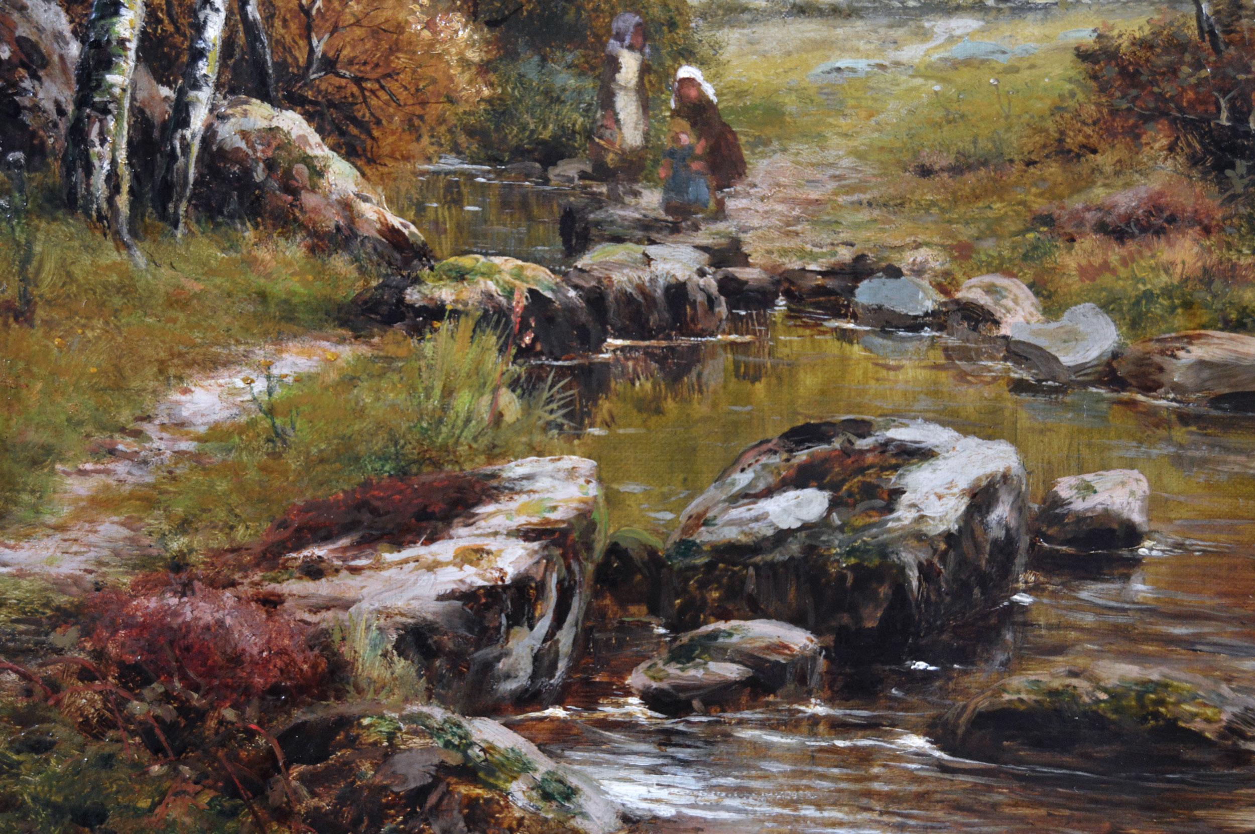 19th Century river landscape oil painting of figures crossing stepping stones - Victorian Painting by Robert John Hammond