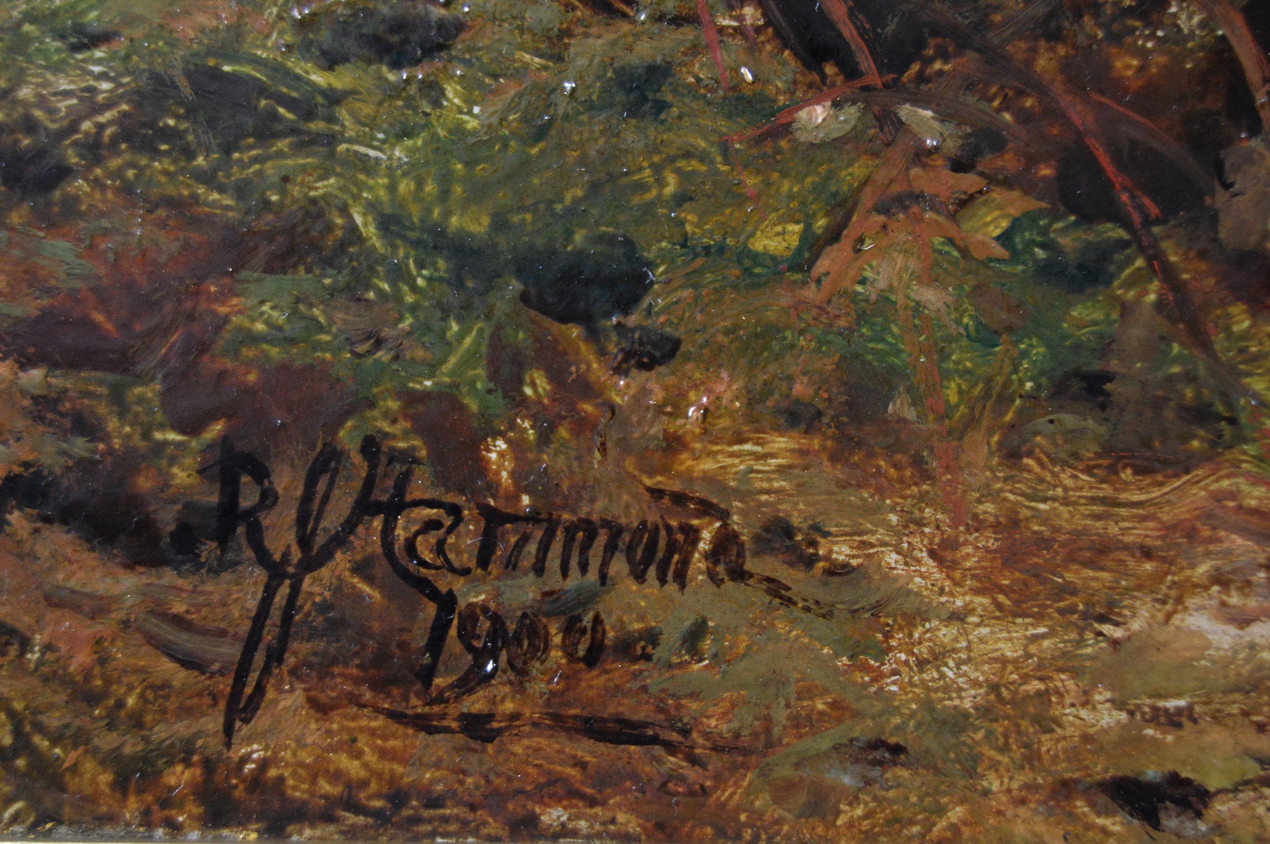 Pintura al óleo de paisaje fluvial del siglo XIX con figuras cruzando peldaños en venta 1