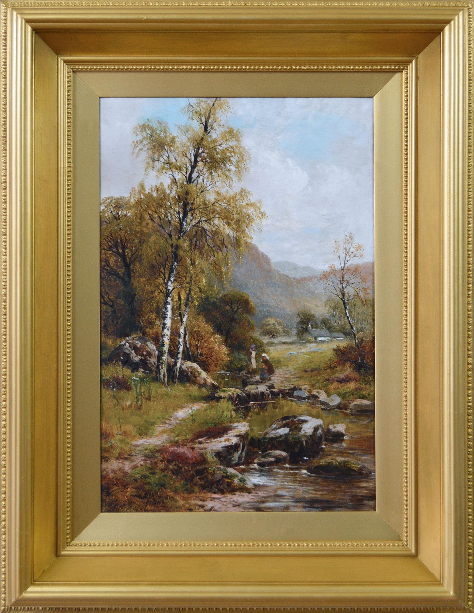 Robert John Hammond Landscape Painting - 19th Century river landscape oil painting of figures crossing stepping stones