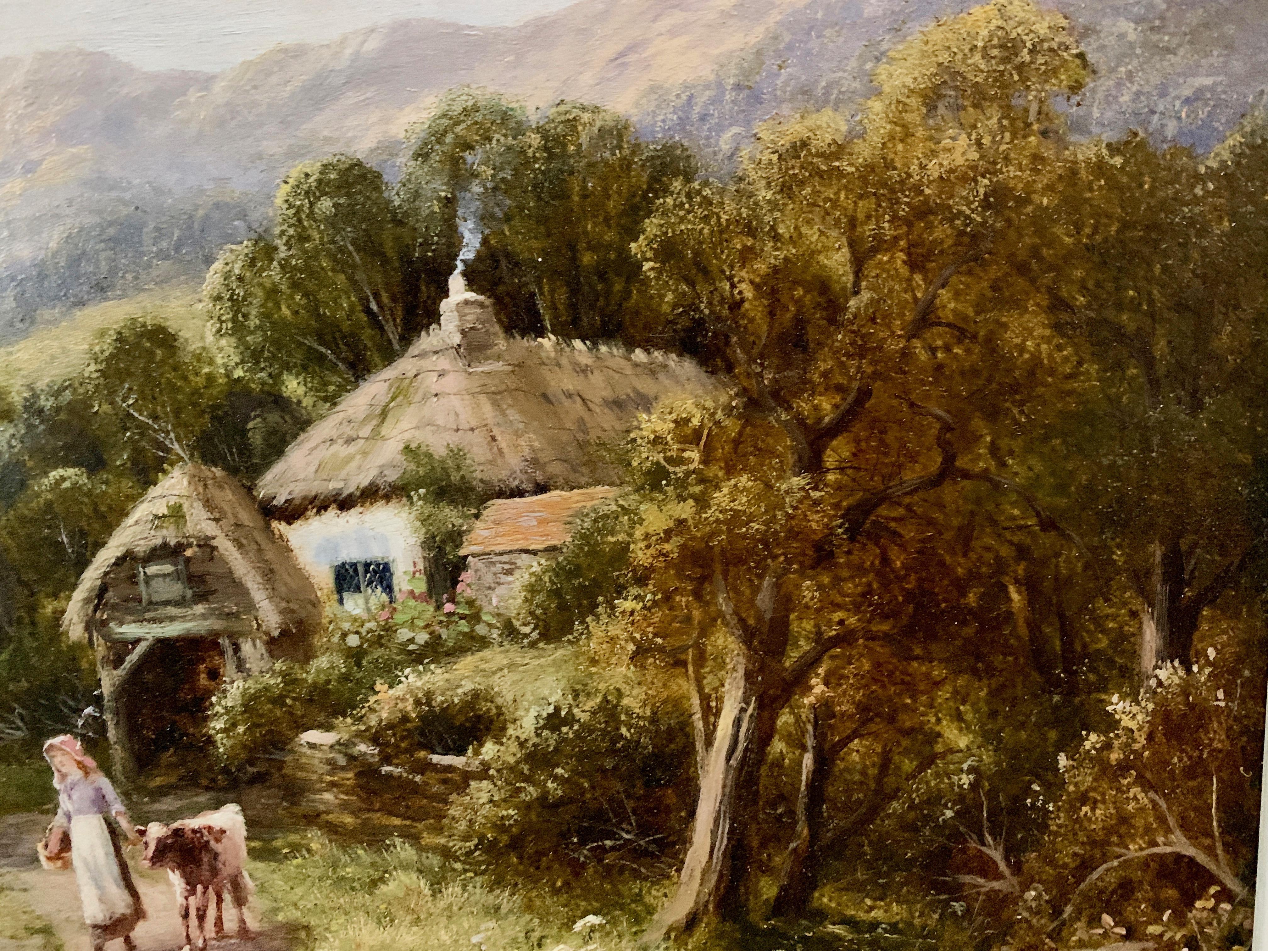 Wonderful English landscape with figures by a cottage harvesting grass in the distance.
Robert John Hammond was a landscape painter born in Hackney, London in 1853. Later on, he moved to the Midlands area where he became well known for his