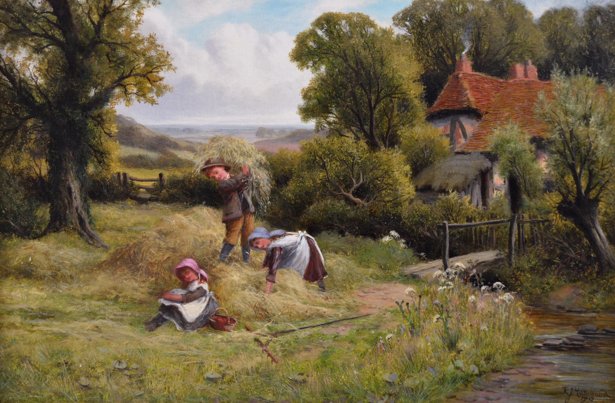 Landscape oil painting of children by a farm  - Painting by Robert John Hammond