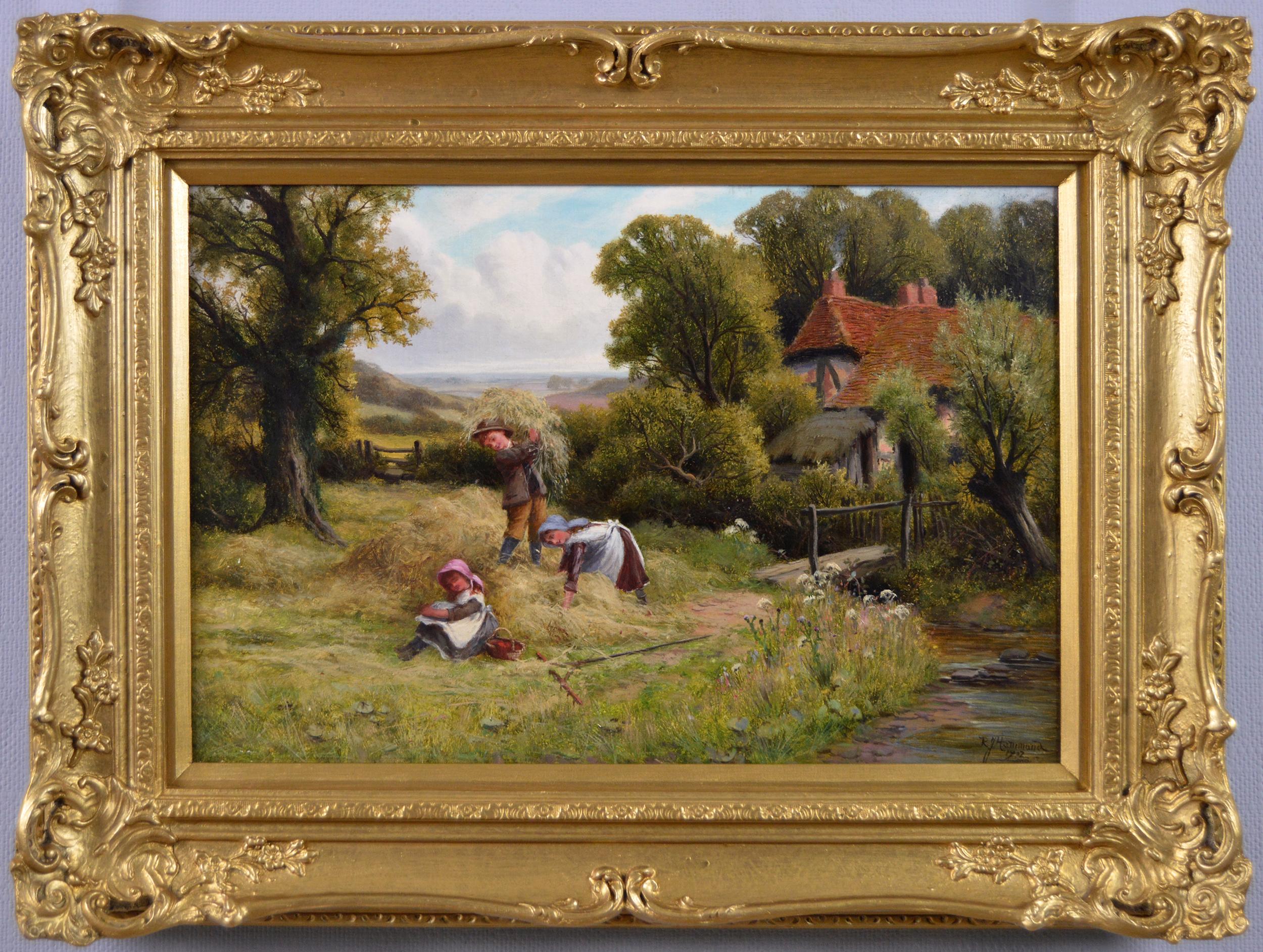 Robert John Hammond Landscape Painting - Landscape oil painting of children by a farm 