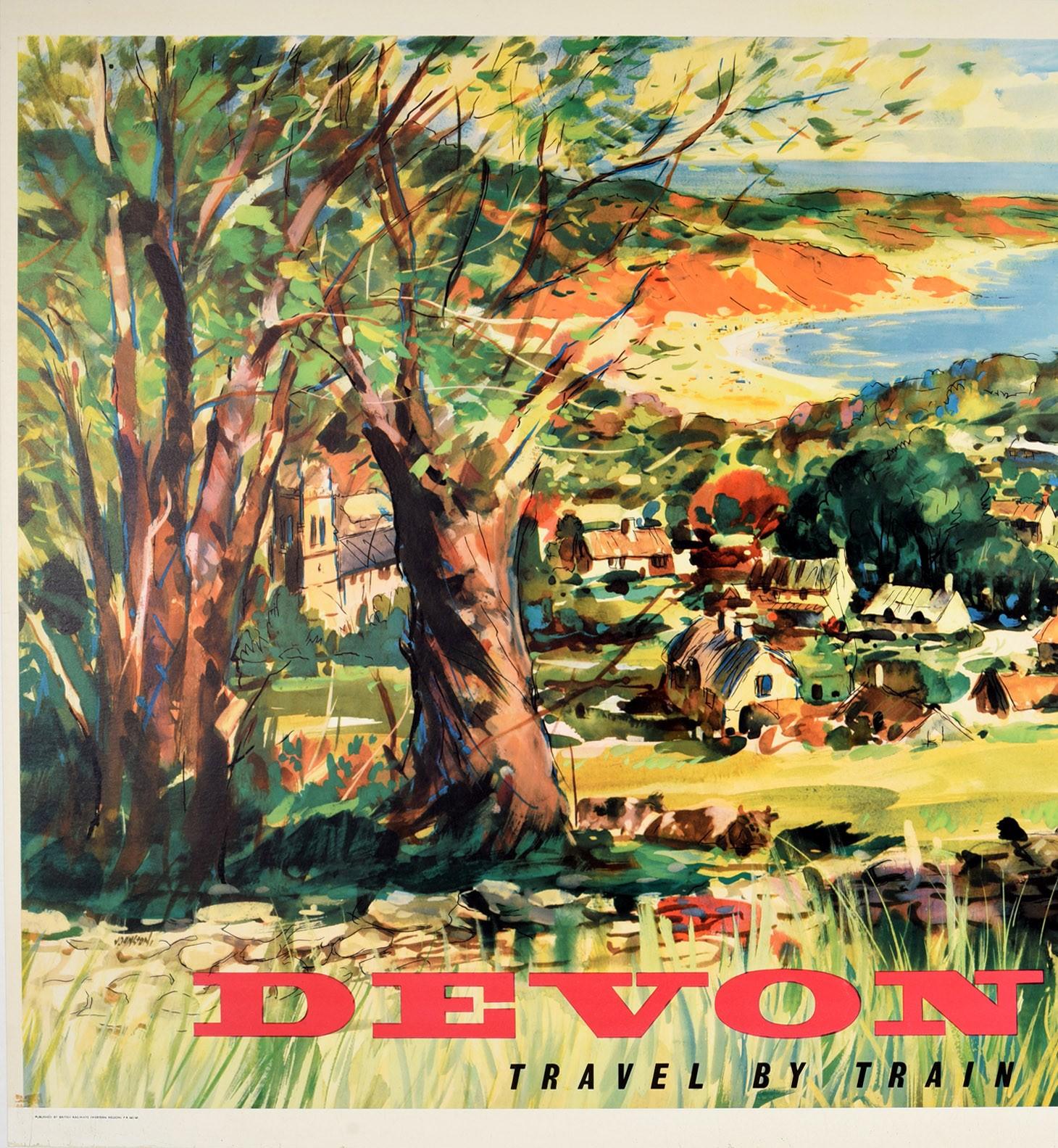 Póster original de época Devon Travel By Train British Railways Countryside Beach - Print Beige de Robert Johnston