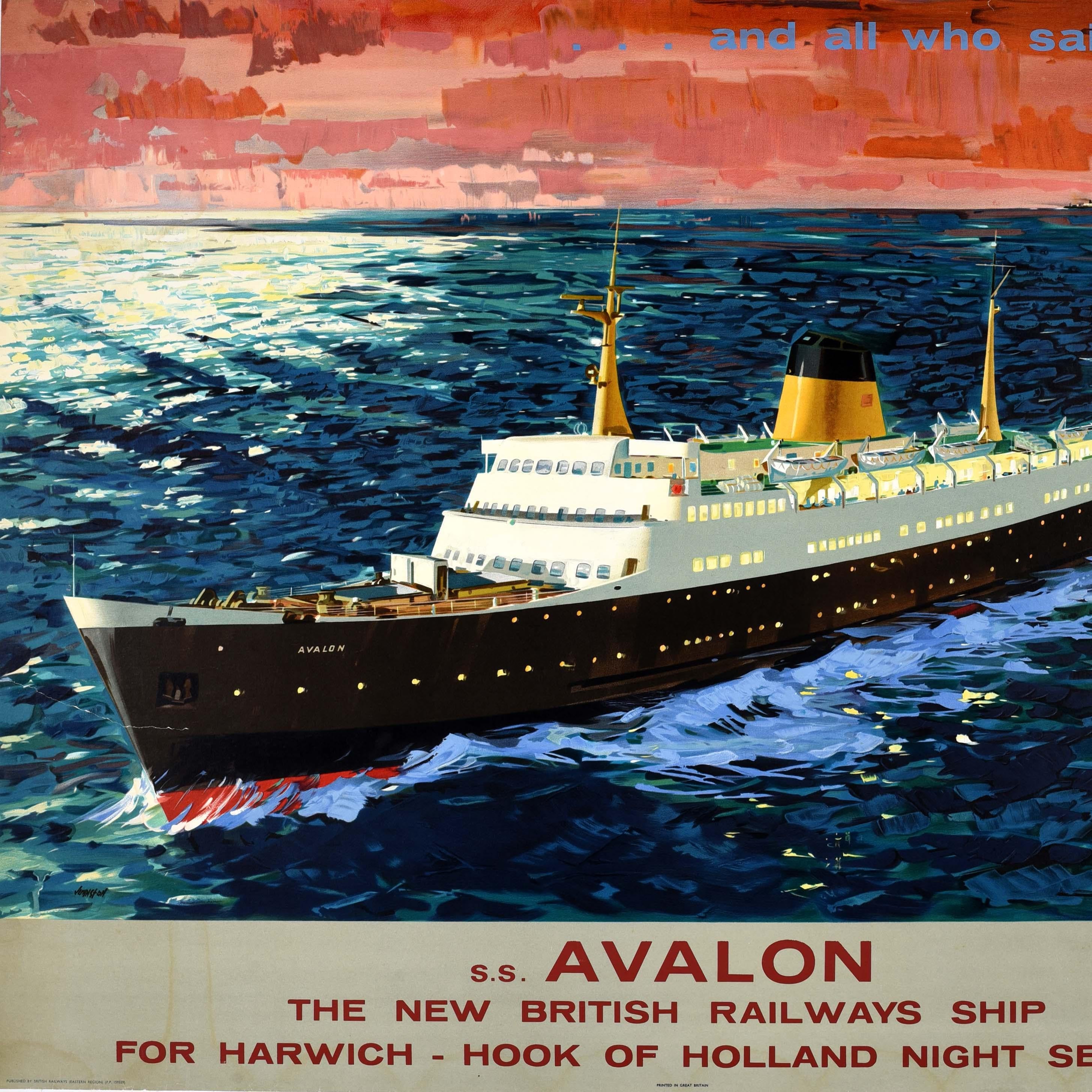 Original vintage travel advertising poster published by British Railways Eastern Region for the S.S. Avalon The New British Railways Ship For Harwich Hook Of Holland Night Service featuring artwork by Robert Johnston (1906-1983) depicting the