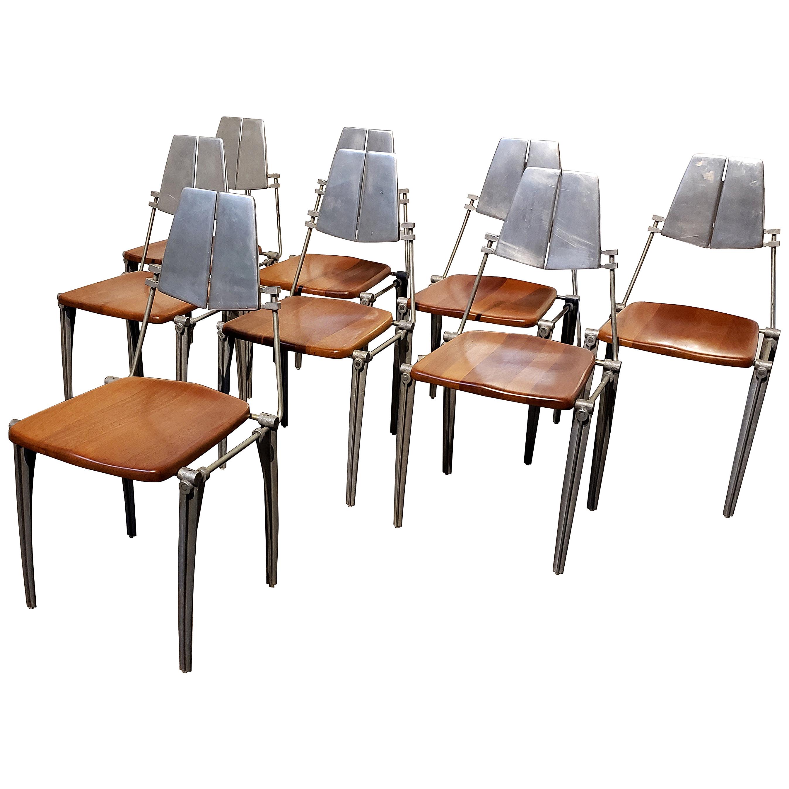 Robert Josten Aluminum and Maple Modern Industrial Dining Chairs Set of 8 For Sale