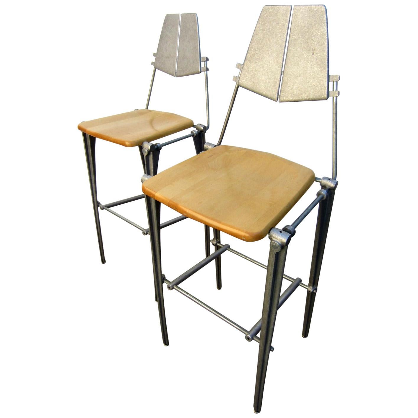 Robert Josten Sculpted Aluminium Bar Stools, Pair For Sale