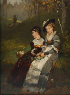 Robert Julius Beyschlag (1838-1903) - Olio della fine del XIX secolo, “Raccogliendo fiori”