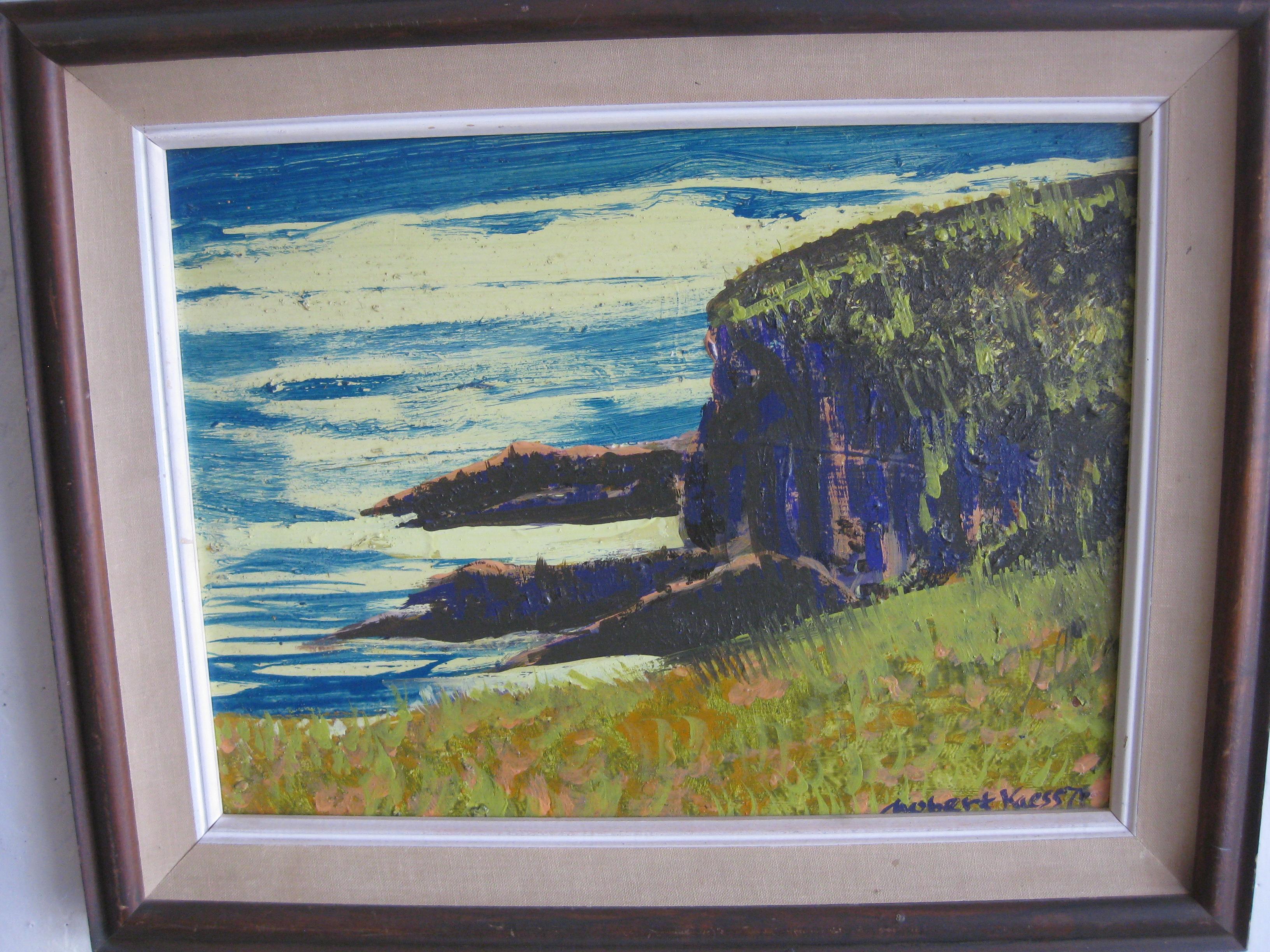 Magnifique peinture à l'huile abstraite de l'artiste californien Robert Kaess, qui date de 1971. La peinture est sur un panneau en masonite et représente l'océan et les falaises. Probablement de Californie du Nord. Dans son cadre d'origine. Superbes