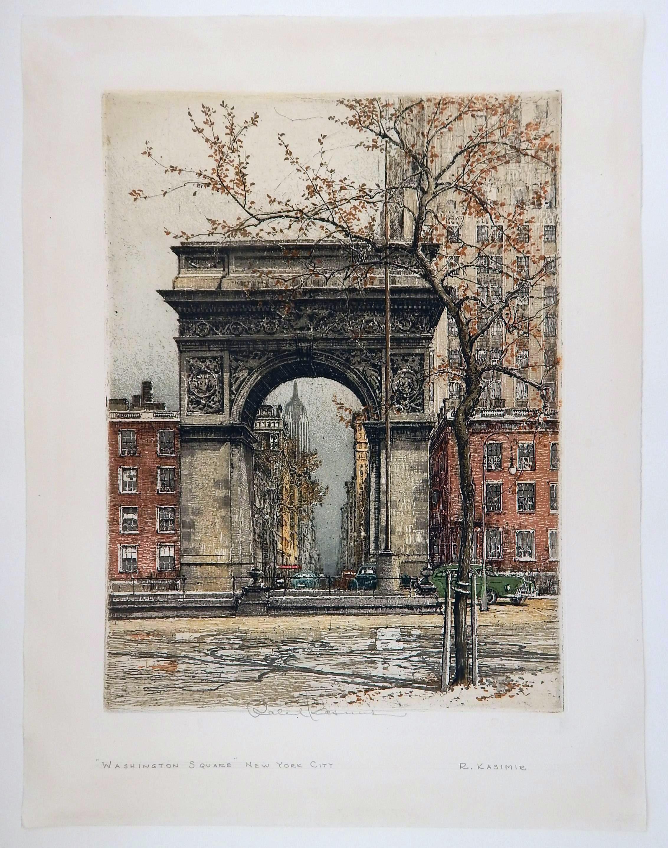 Beautiful New York subject etching by noted Austrian artist Robert Kasimir (1914-2002).
The color etching with aquatint on paper measures 15 3/4