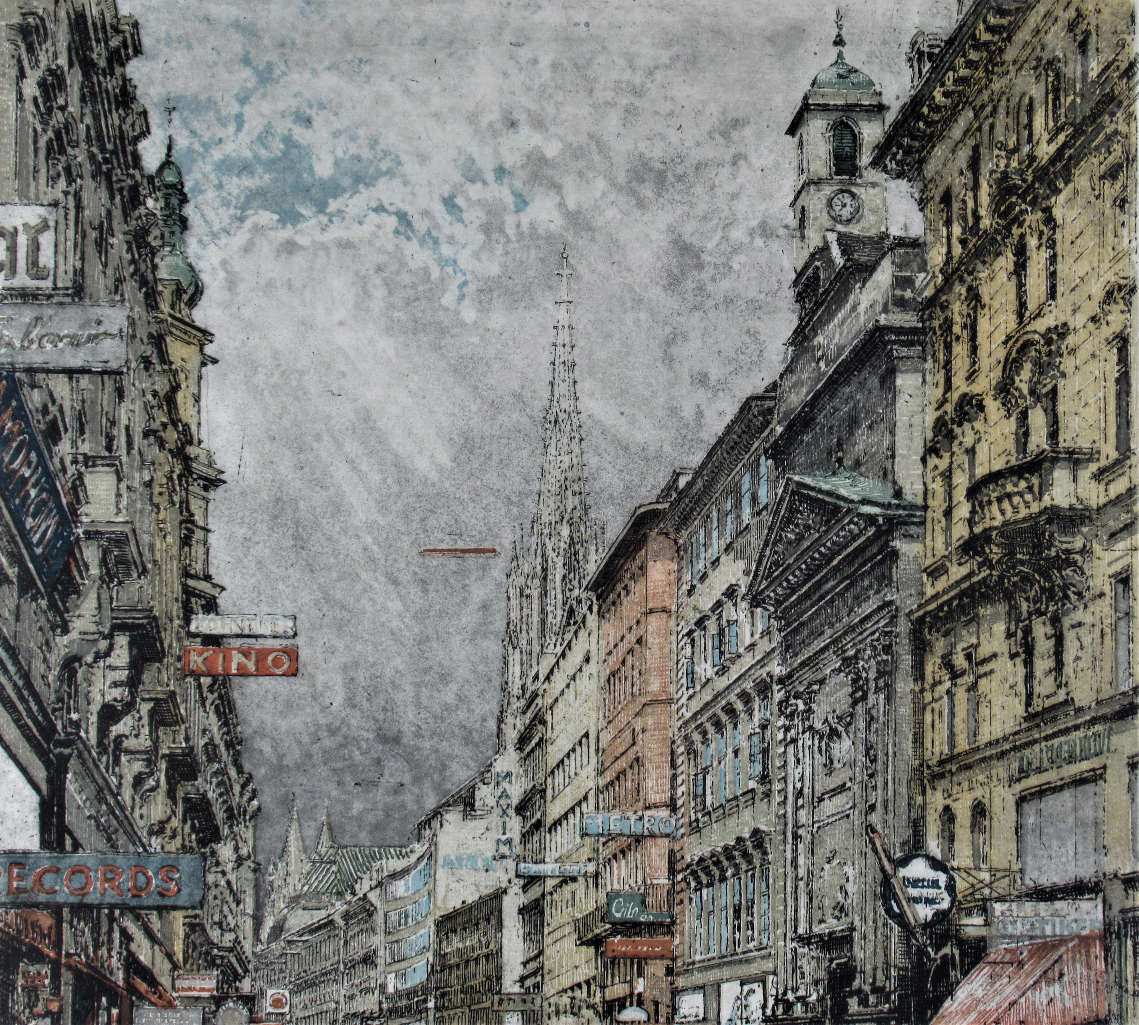 Busy Street, Wien (Grau), Figurative Print, von Robert Kasimir