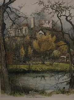 European Castle & Ruins in wooded landscape along a river - Color Etching