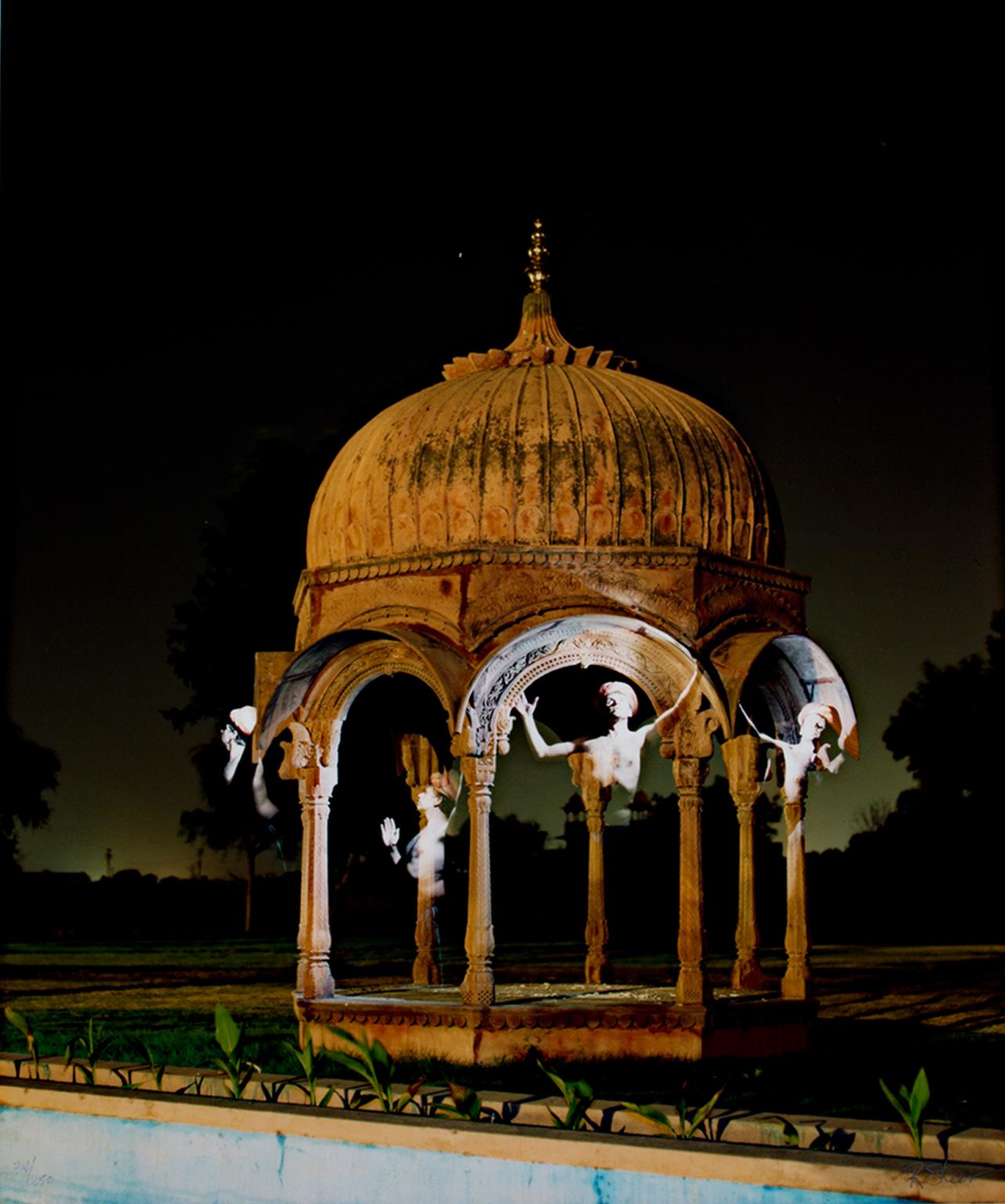 "India Spirits, Rajasthan, India," is an original fine-art performance photograph by Robert Kawika Sheer, signed in the lower right and numbered in the lower left.  The piece depicts an Indian shrine in Rajasthan, "city of kings," composed of a