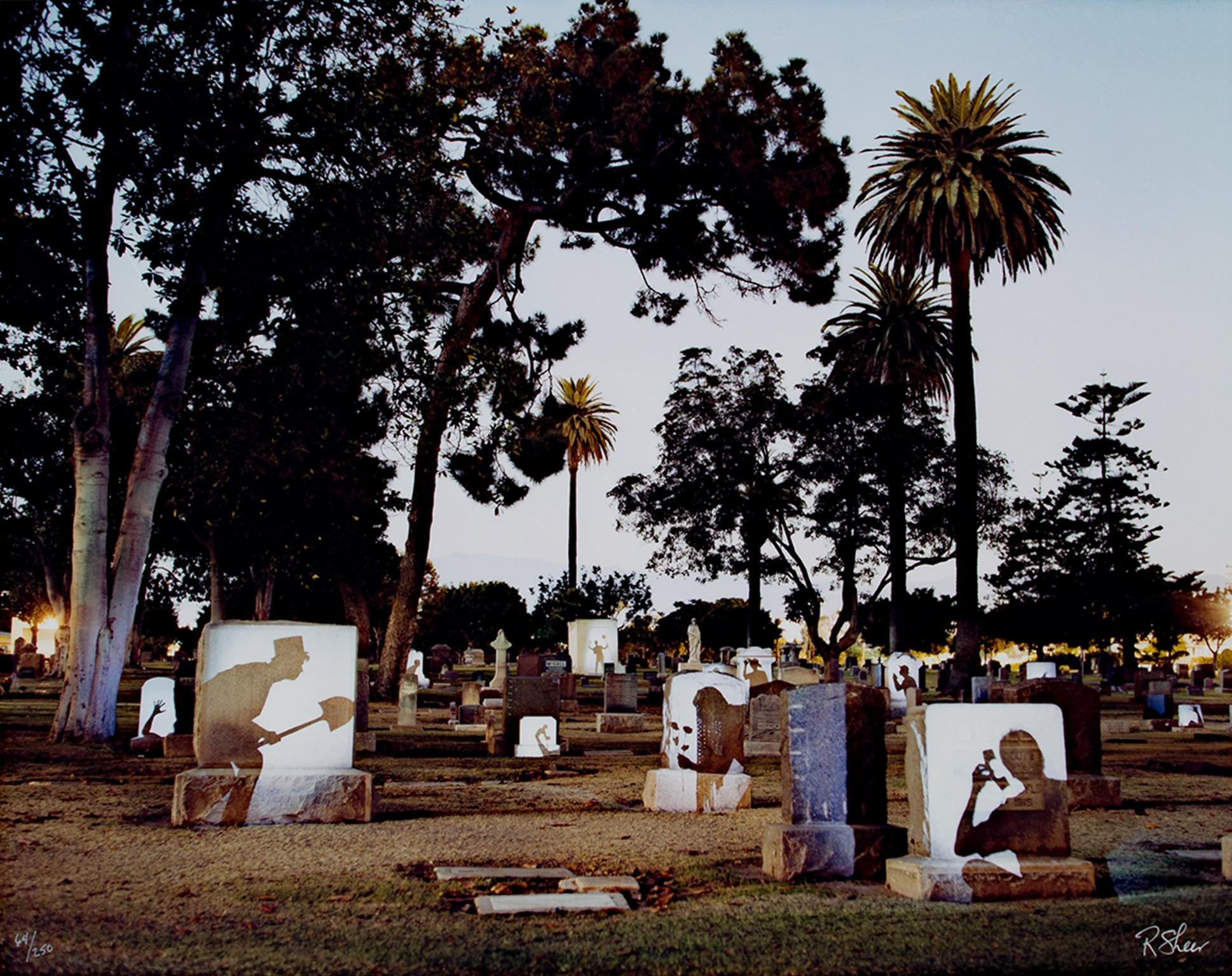 "Graveyard Spirits" is an original fine-art performance photograph by Robert Kawika Sheer. This piece is signed in the lower right and editioned in the lower left. Edition: 64/250. This playful piece depicts a graveyard in the early morning light.