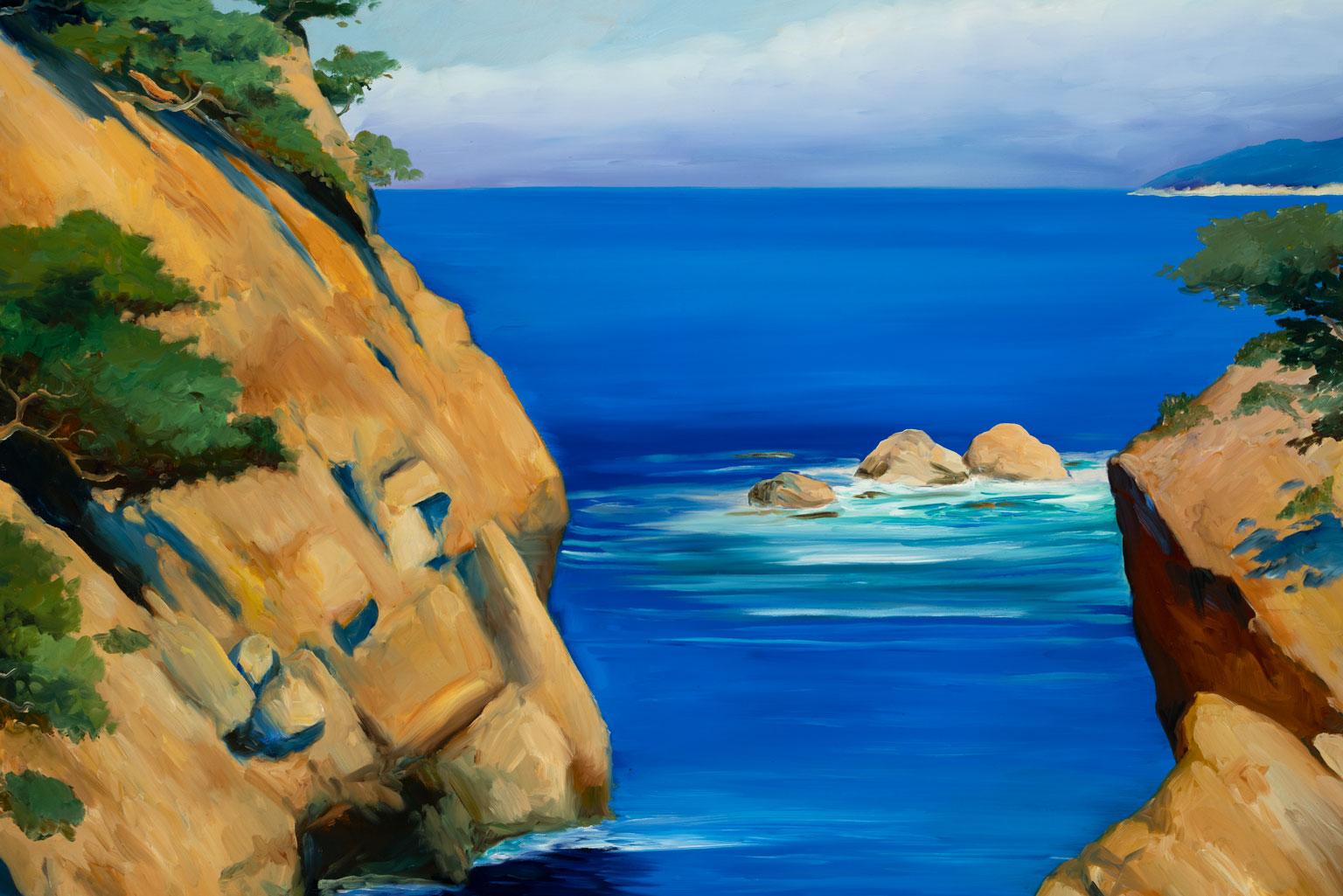 California Coast I - Großes gerahmtes Original-Ölgemälde von Robert White mit Meerblick (Schwarz), Landscape Painting, von Robert Kenneth White