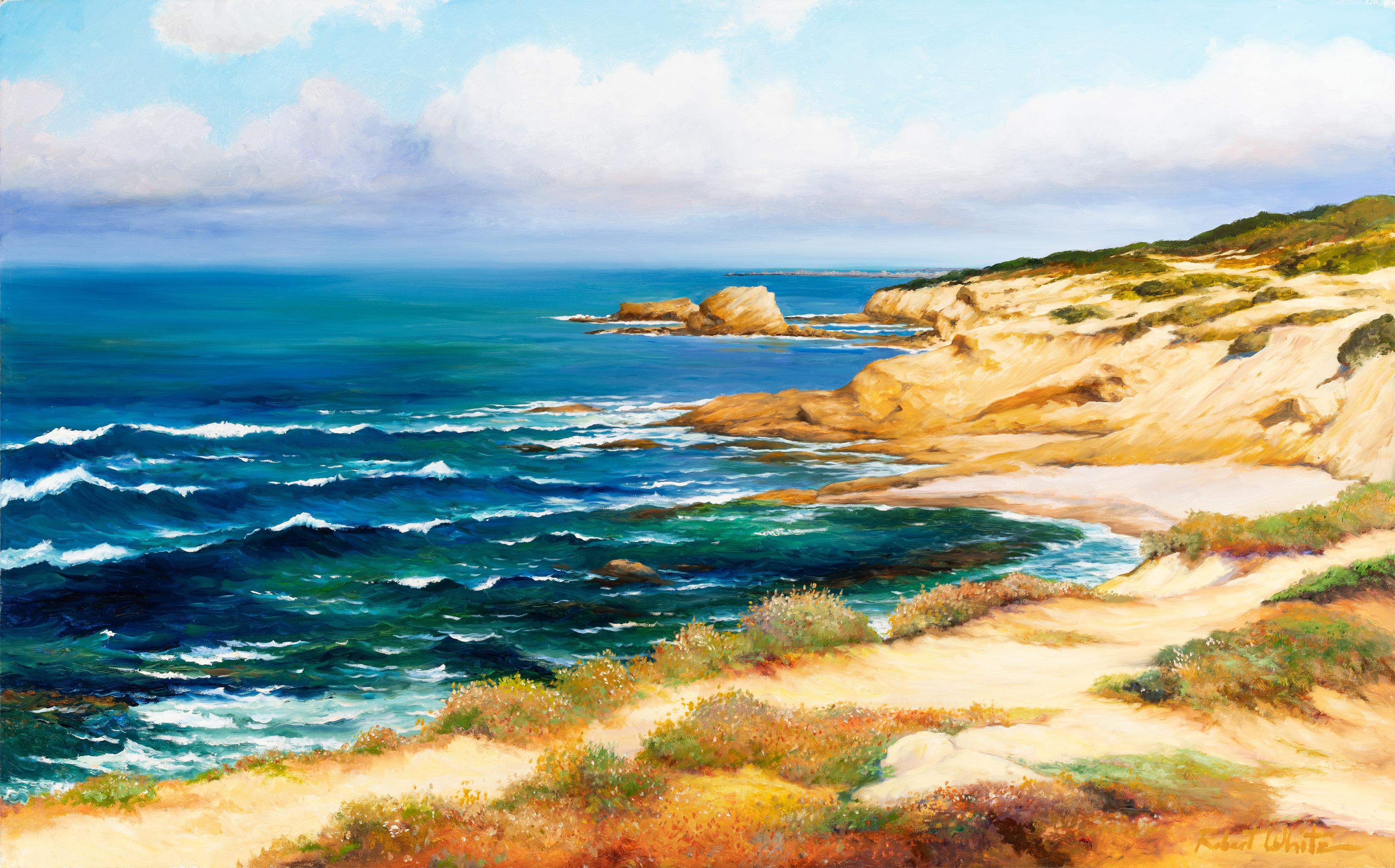 Robert Kenneth White Landscape Painting - Robert K. White "Crystal Coast" Large Signed Realist Oil of California Cliffs