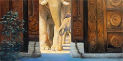 Robert K. White "Elephants at the Gate" Large 5-Foot Oil Painting on Canvas