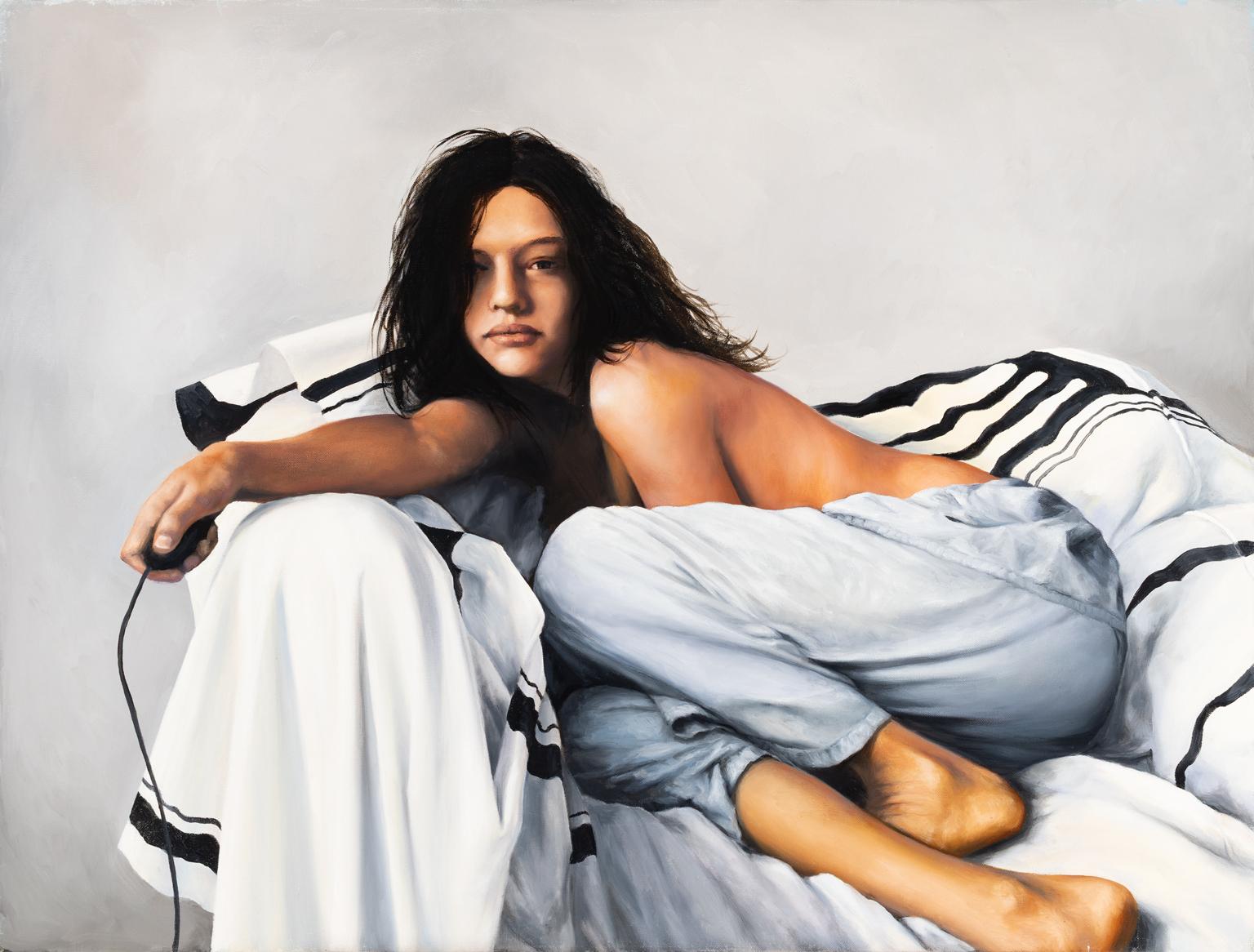 Robert Kenneth White Portrait Painting – Robert K. White "Frame and Pause" Large Oil on Canvas Figurative Painting