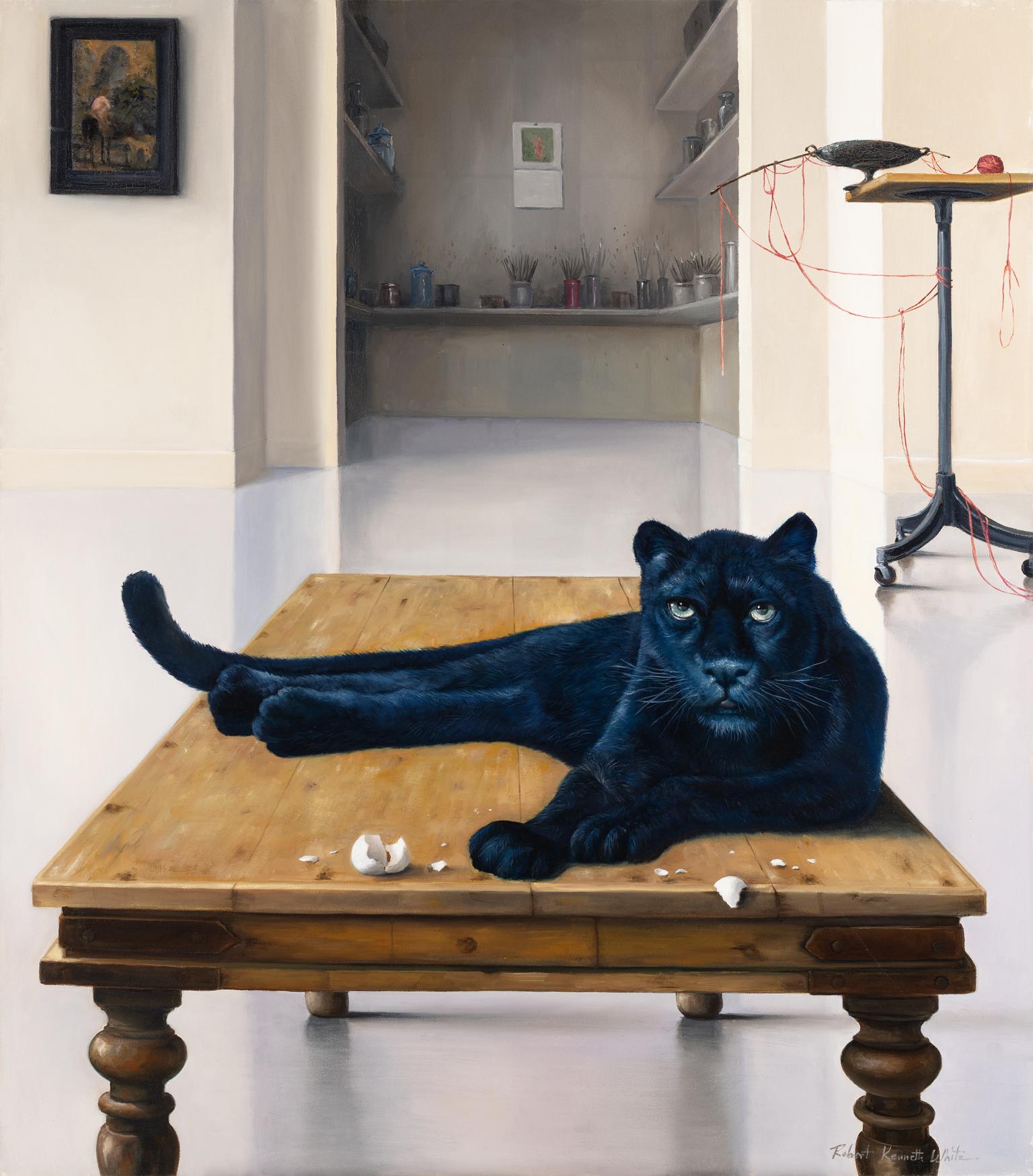 Figurative Painting Robert Kenneth White - Robert K.K. The "Panther Waiting" 2019 Huile d'une panthère noire à l'intérieur d'un Studio
