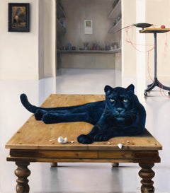 Robert K. White "Pantera en espera" 2019 Óleo de Pantera Negra en el interior de un estudio