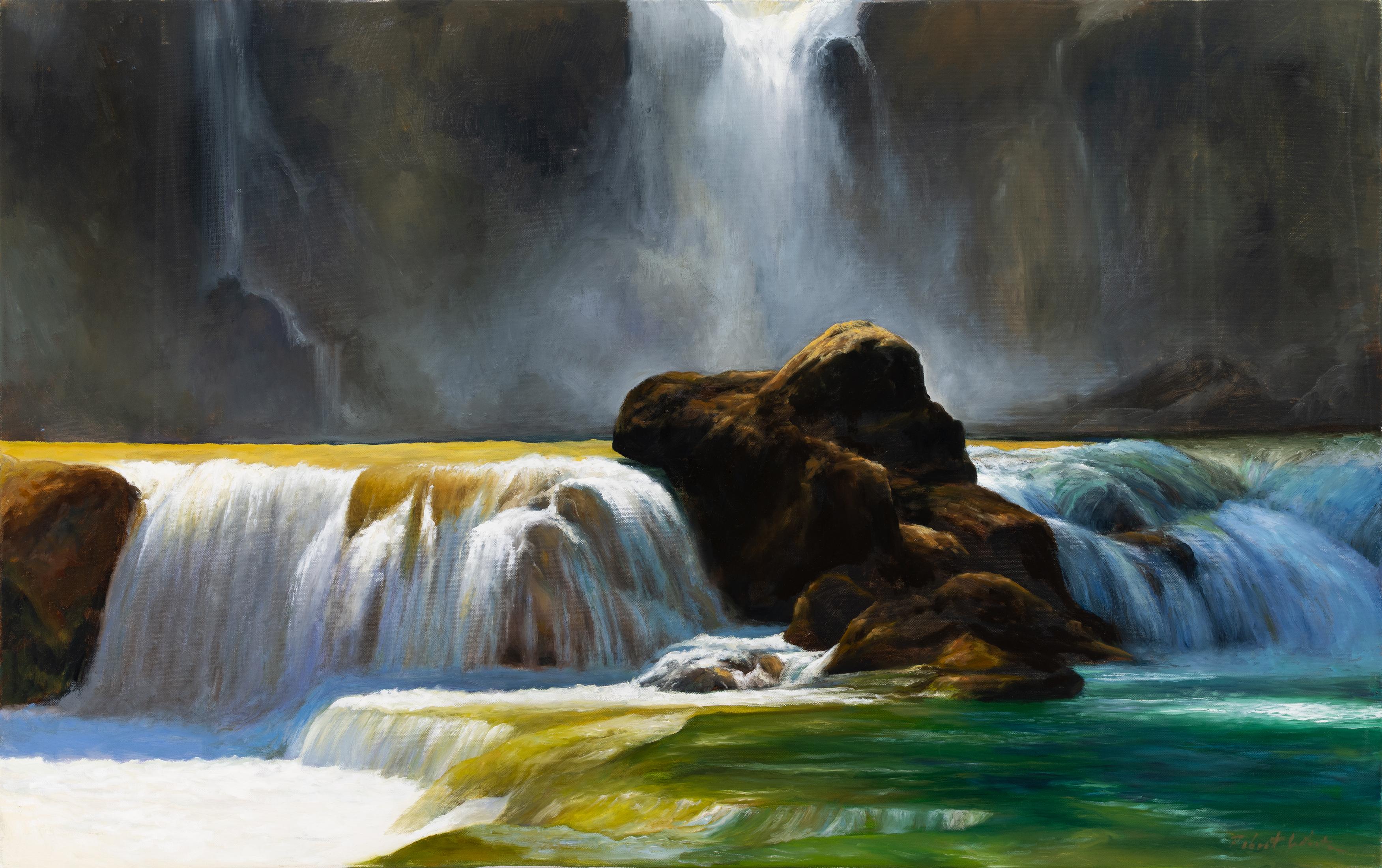 Robert K.K. Whiting "Rock and Surge" Paysage de cascade de 4,5 pieds, huile sur toile
