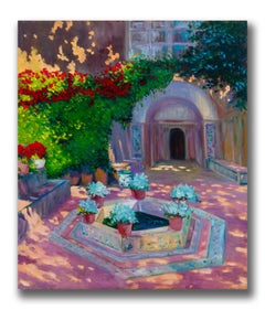 Robert K. White "Where the Shadows Bloom" Oil on Canvas, Mediterranean Courtyard