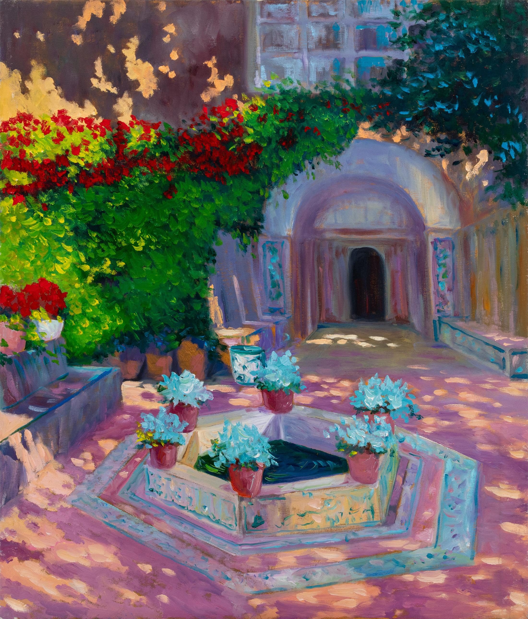Robert K. White "Dove fioriscono le ombre" Olio su tela, Cortile mediterraneo