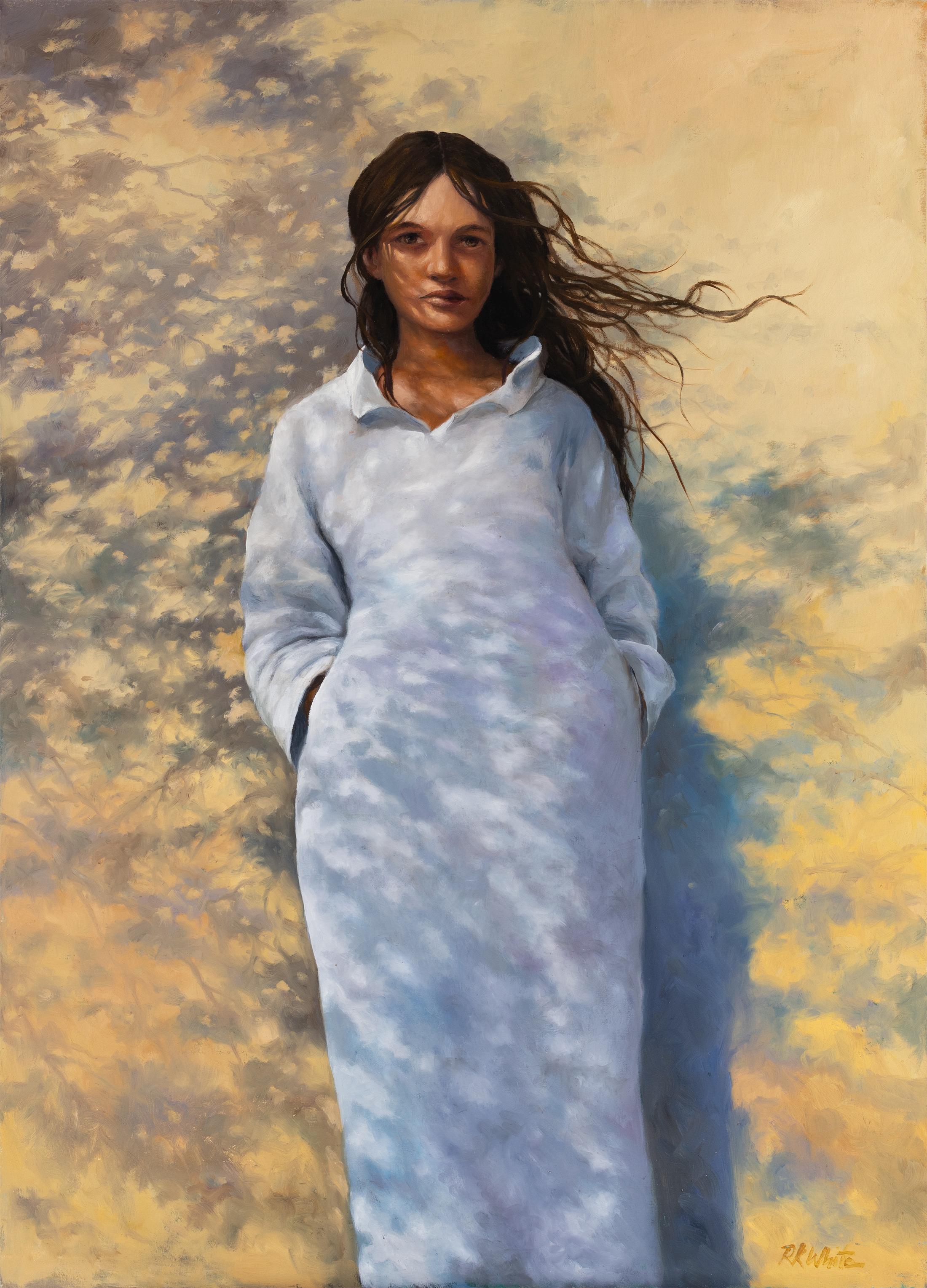 Figurative Painting di Robert Kenneth White - Robert K. White "Wind and Light" Olio su tela, ritratto illuminato dal sole con giochi d'ombra