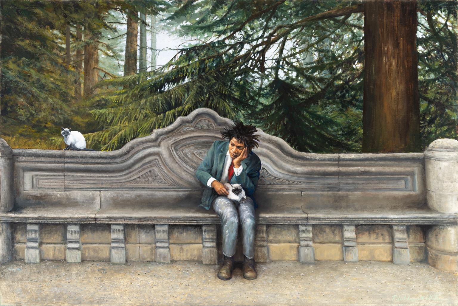 ROBERT KENNETH WHITE – "A PAUSE FOR BASQUIAT"
⚜ Oil on Canvas ⚜ Hand Signed Lower Right ⚜ Frameless Display – Ready to hang

BASQUIAT IN A MOMENT OF QUIET
This large-scale oil on canvas by Robert Kenneth White portrays Jean-Michel Basquiat, one of
