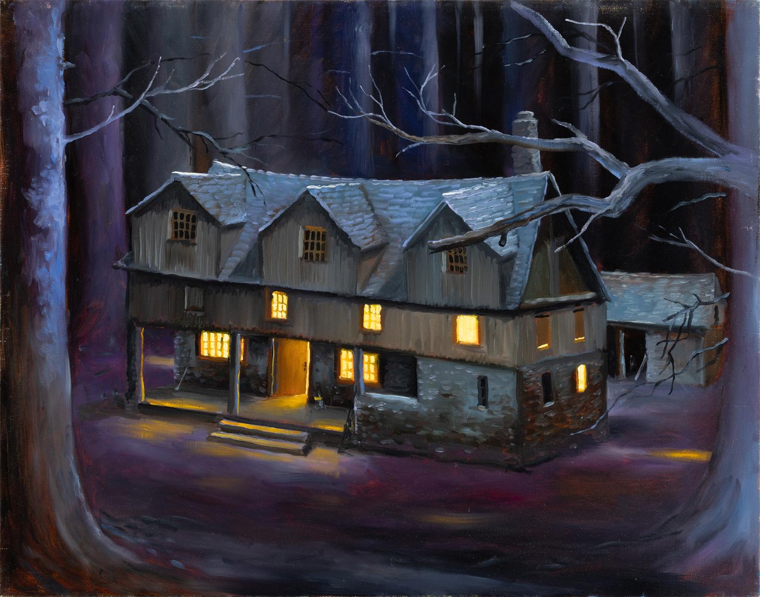 ROBERT KENNETH WHITE - "HÜTTE IN DEN KIEFERN"
⚜ Öl auf Leinwand ⚜ Verso handsigniert ⚜ Rahmenloses Display

DÄMMERUNGSWALD MIT WARMER INNENBELEUCHTUNG
Tief in der Stille eines mondbeschienenen Waldes gelegen, fängt Cabin in the Pines einen einsamen