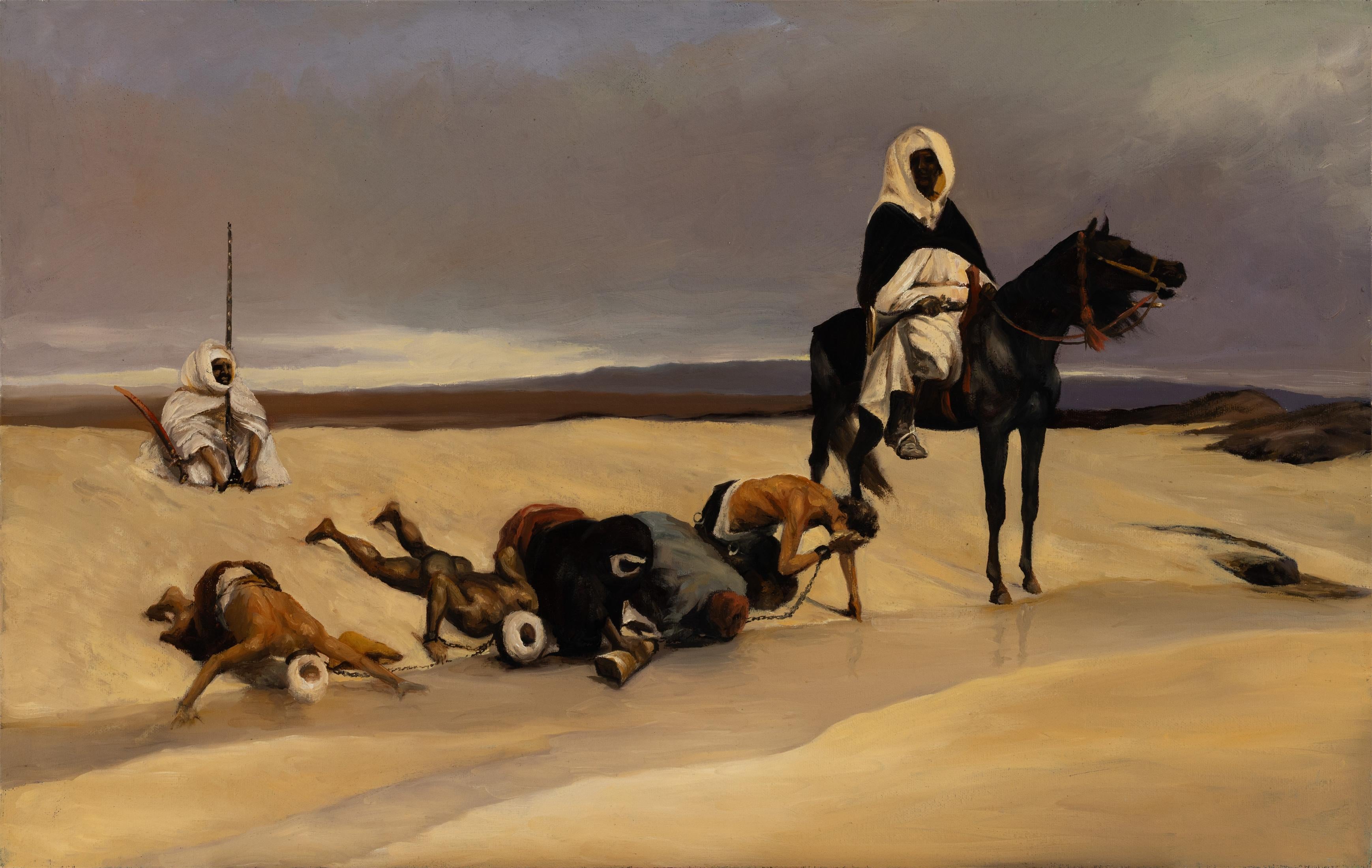 ROBERT KENNETH WHITE – "DESERT AMBUSH"
⚜ Oil on canvas ⚜ Hand signed on verso ⚜ Frameless display

SCENE OF SURVIVAL AND POWER IN THE SAHARA
"Desert Ambush" captures a stark and emotionally charged encounter in the open dunes—where mounted raiders