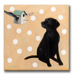 Robert Kenneth White “Dog with Bird House” Whimsical Contemporary Oil Painting