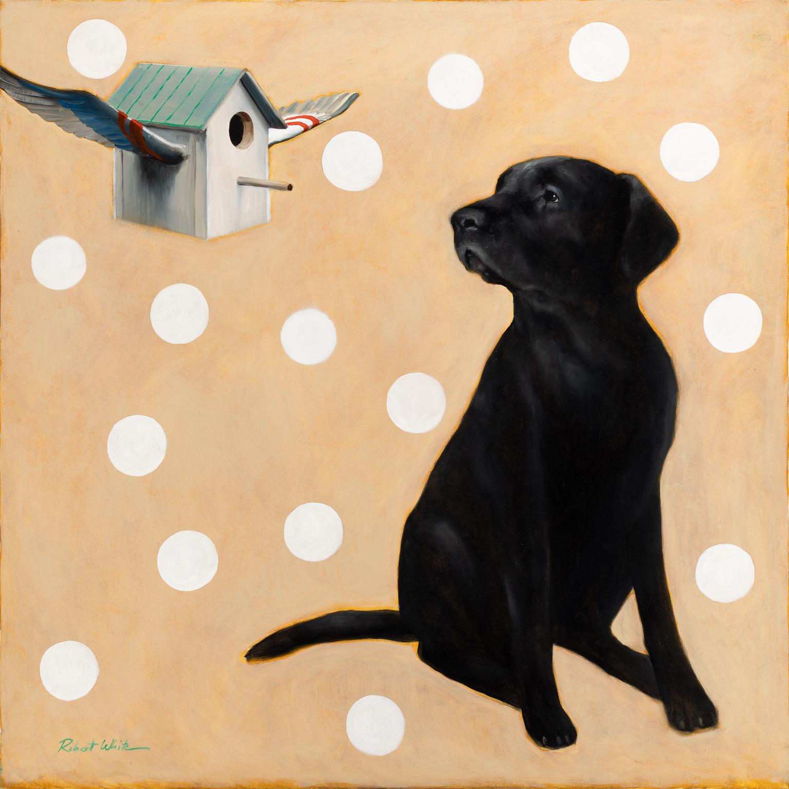 Robert Kenneth White "Hund mit Vogelhaus" Skurriles zeitgenössisches Ölgemälde