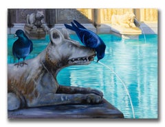 Robert Kenneth White "Fountain Visitors" 2019 Oil of Pigeons and Stone Fountain