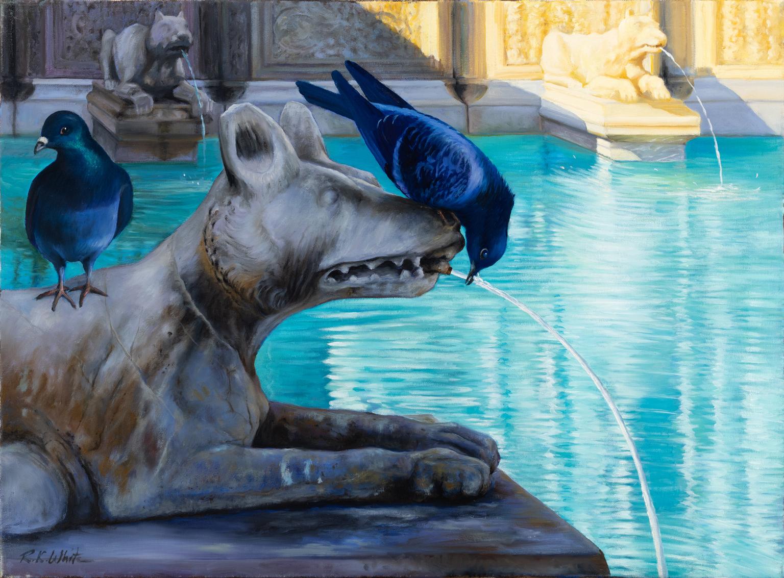 ROBERT KENNETH WHITE – "FOUNTAIN VISITORS"
⚜ Oil on canvas ⚜ Hand signed lower left ⚜ Frameless display

HUMOR AND ELEGANCE IN A MEDITERRANEAN FOUNTAIN SCENE
In Fountain Visitors, Robert Kenneth White brings humor, realism, and elegance together in