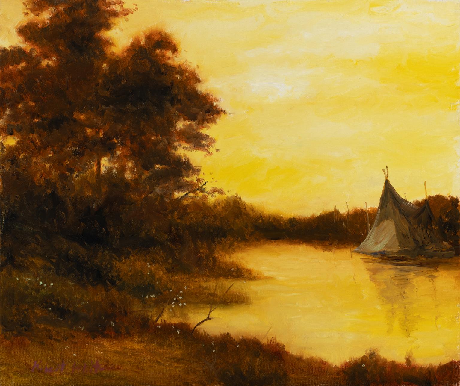 ROBERT KENNETH WHITE - "GOLDEN HOUR CAMP"
⚜ Öl auf Leinwand ⚜ Handsigniert unten links ⚜ Rahmenloses Display

TONALE LANDSCHAFT MIT LAGERFEUERGLUT VON ROBERT KENNETH WHITE
In Golden Hour Camp malt Robert Kenneth White eine stimmungsvolle Flussszene,