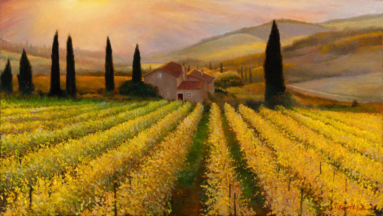 ROBERT KENNETH WHITE – "GOLDEN ROWS, TUSCANY"
⚜ Oil on Canvas ⚜ Hand Signed Lower Right ⚜ Frameless Display

SUNLIT VINEYARDS OF TUSCANY
“Golden Rows, Tuscany” captures the luminous sweep of vineyards at harvest, glowing in vibrant yellows under the