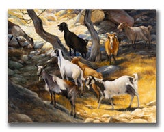 Robert Kenneth White "Island Goats" Oil on Canvas, 2018, Sunlit Rocky Grove