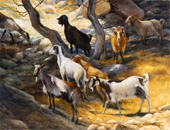 Robert Kenneth White "Island Goats" Oil on Canvas, 2018, Sunlit Rocky Grove