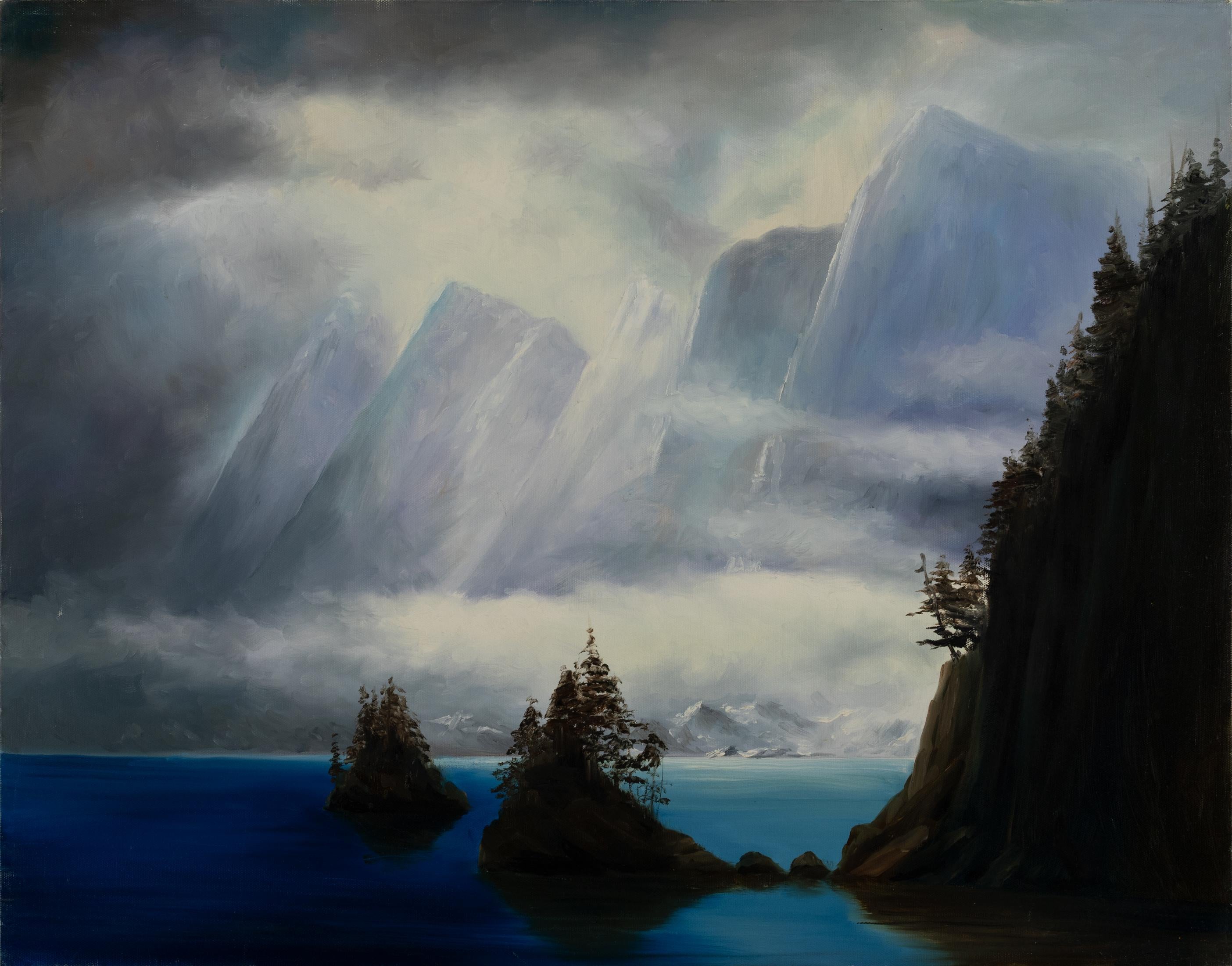 Robert The Whiting "Mystic Fjord" (Fjord mystique) Huile sur toile signée, paysage marin dramatique