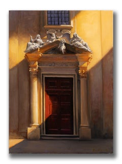 Robert Kenneth White "Red Door" 2018 Oil Painting of Classical Façade and Shadow