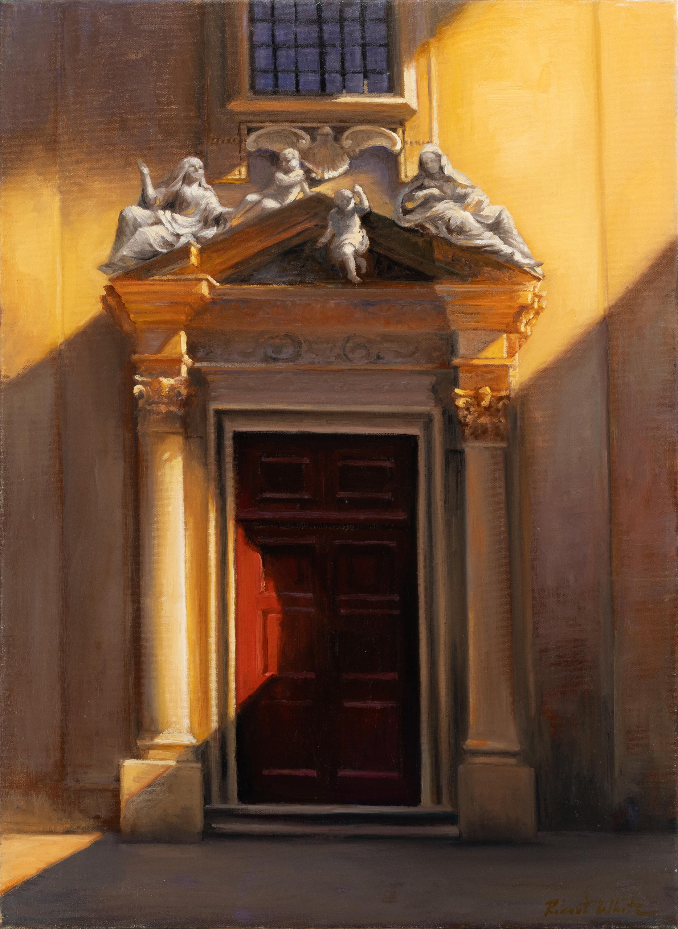 Robert Kenneth White "Rote Tür" 2018 Ölgemälde von klassischer Fassade und Schatten