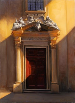 Robert Kenneth White "Red Door" 2018 Oil Painting of Classical Façade and Shadow