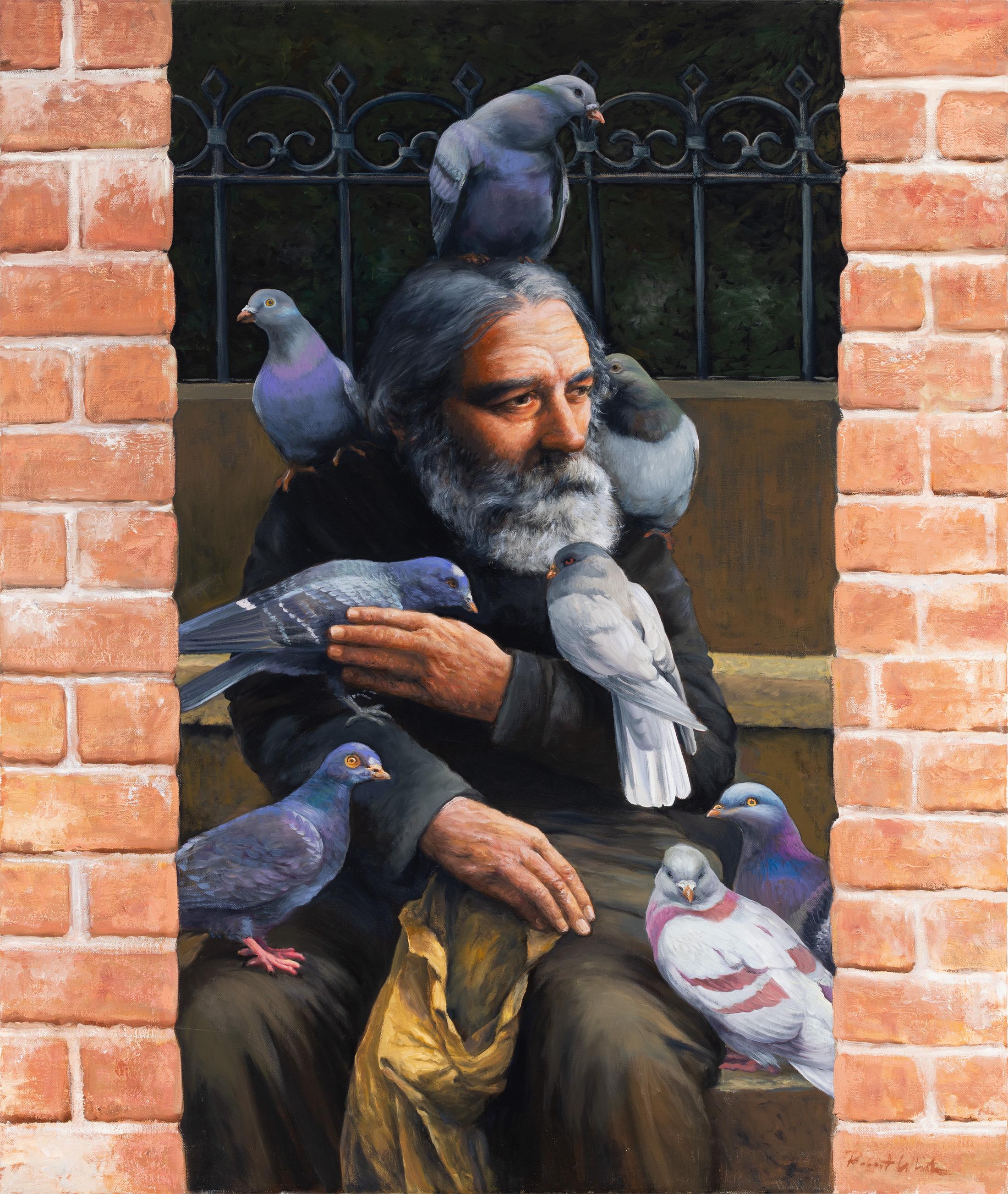 ROBERT KENNETH WHITE – "SANCTUARY IN FEATHERS"
⚜ Oil on Canvas ⚜ Hand Signed Lower Right ⚜ Frameless Display

HUMANITY AND HARMONY
“Sanctuary in Feathers” captures a poignant moment of quiet dignity as an elderly man sits surrounded by pigeons that